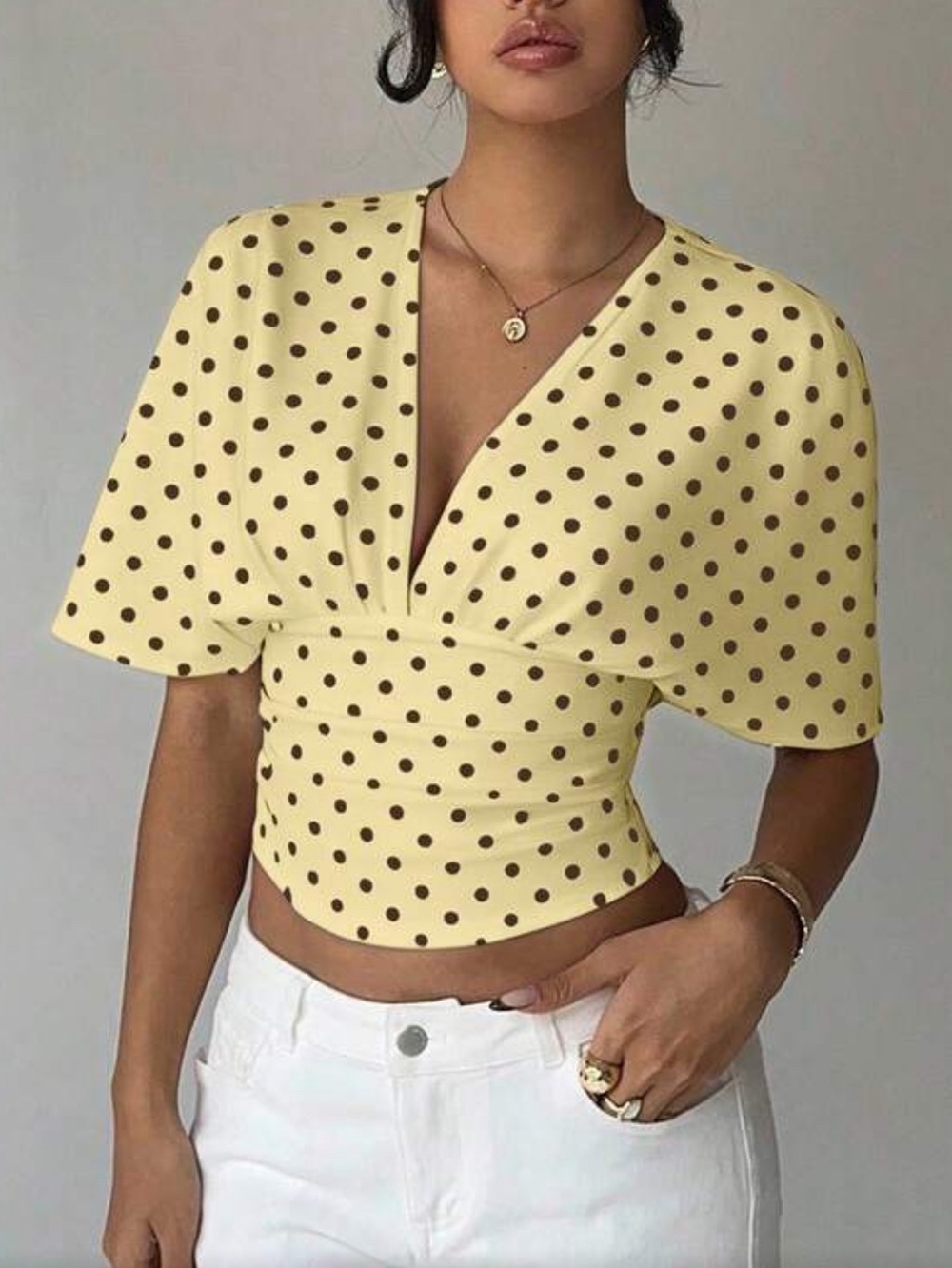 Polka Dot V-Neck Puff Sleeve Crop Top - Yellow